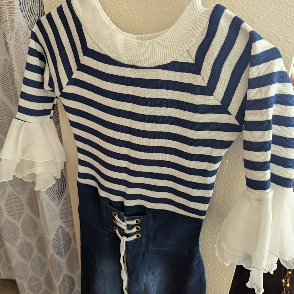 Navy and White Striped Midi Dress with Flared Sleeves